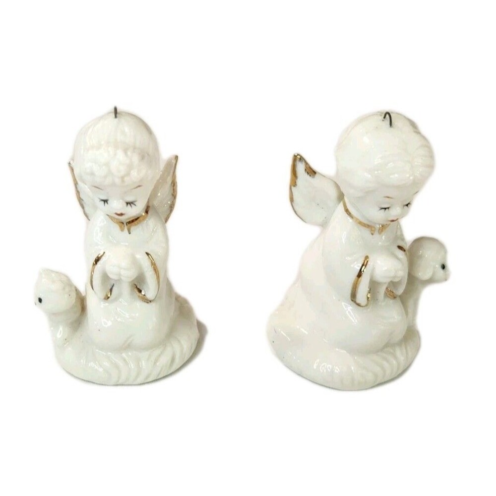 Napco Vintage Miniature Praying Angel Figurines Boy & Girl with Kitten & Lamb